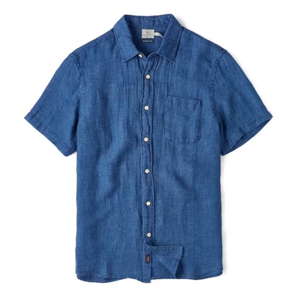 Faherty Palma Linen Short Sleeve Shirt Indigo Basketweave Size Small